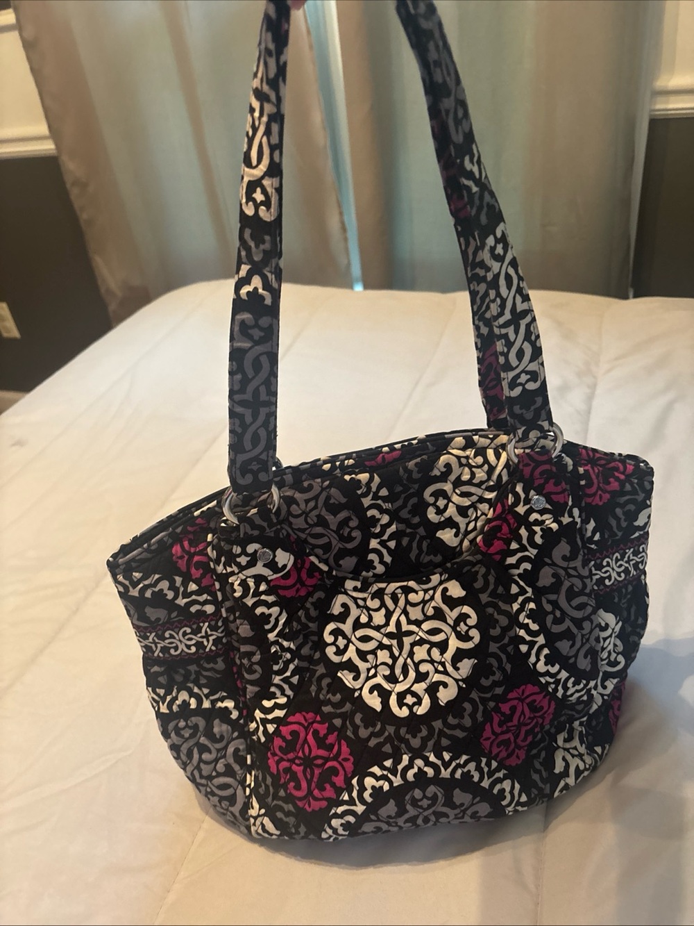Vera Bradley Black, White & Magenta Quilted Shoulder Tote